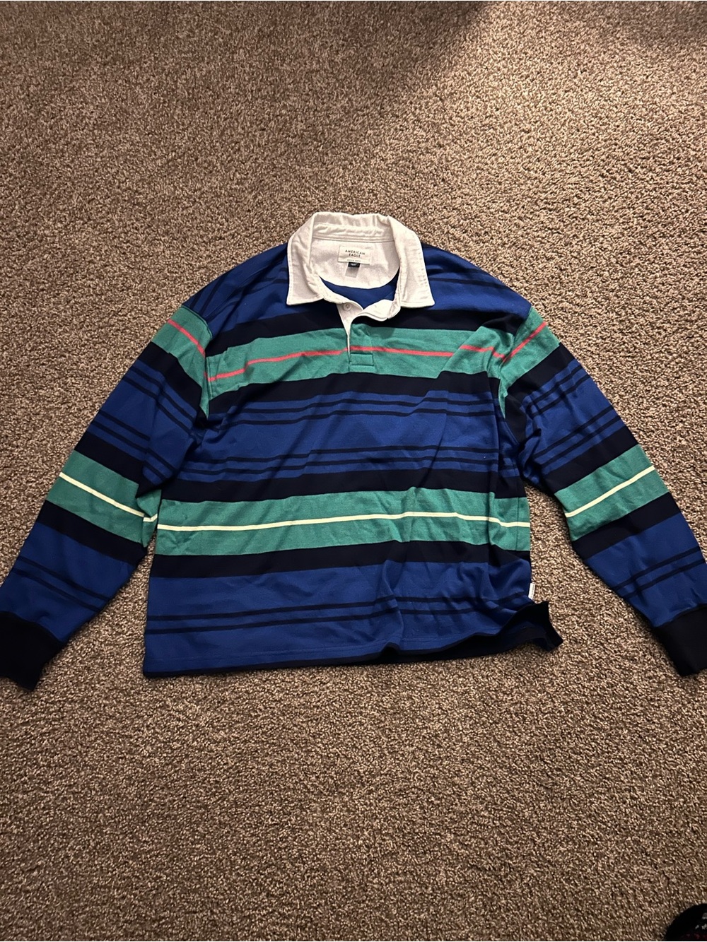 American Eagle Outfitters Blue and Green Striped Rugby Polo